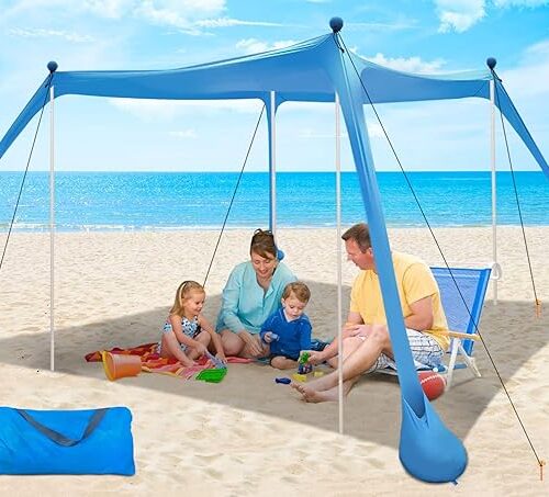 Beach Canopy Beach Tent UPF50+ 11x11 FT Easy to Setup Extra Windproof Rope Sun Shelter Beach Shade Canopy with 4 Stability Poles Outdoor Shade for Beach Camping Family