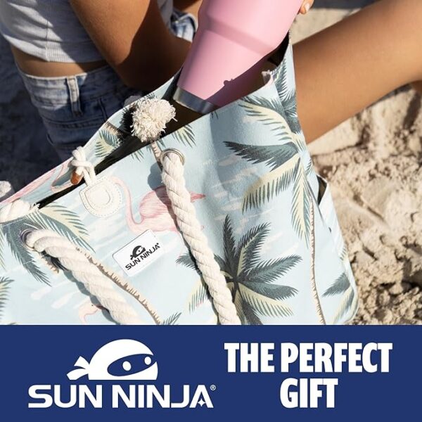 SUN NINJA XL Canvas Beach Tote Bag - Water-Resistant with Pockets - Large Pool Summer Tote, Cute Travel Beach Bag