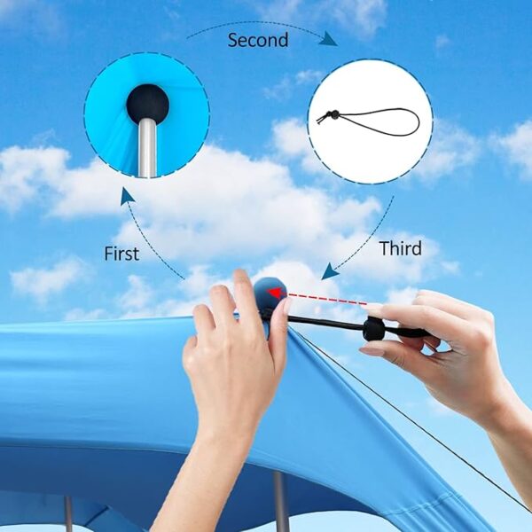 Beach Canopy Beach Tent UPF50+ 11x11 FT Easy to Setup Extra Windproof Rope Sun Shelter Beach Shade Canopy with 4 Stability Poles Outdoor Shade for Beach Camping Family